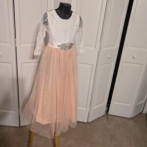 Kids Flower Girl Dress / White & Peach w removable belt